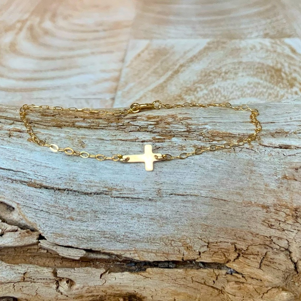 Cross Handmade 14k gold filled east west cross bracelet